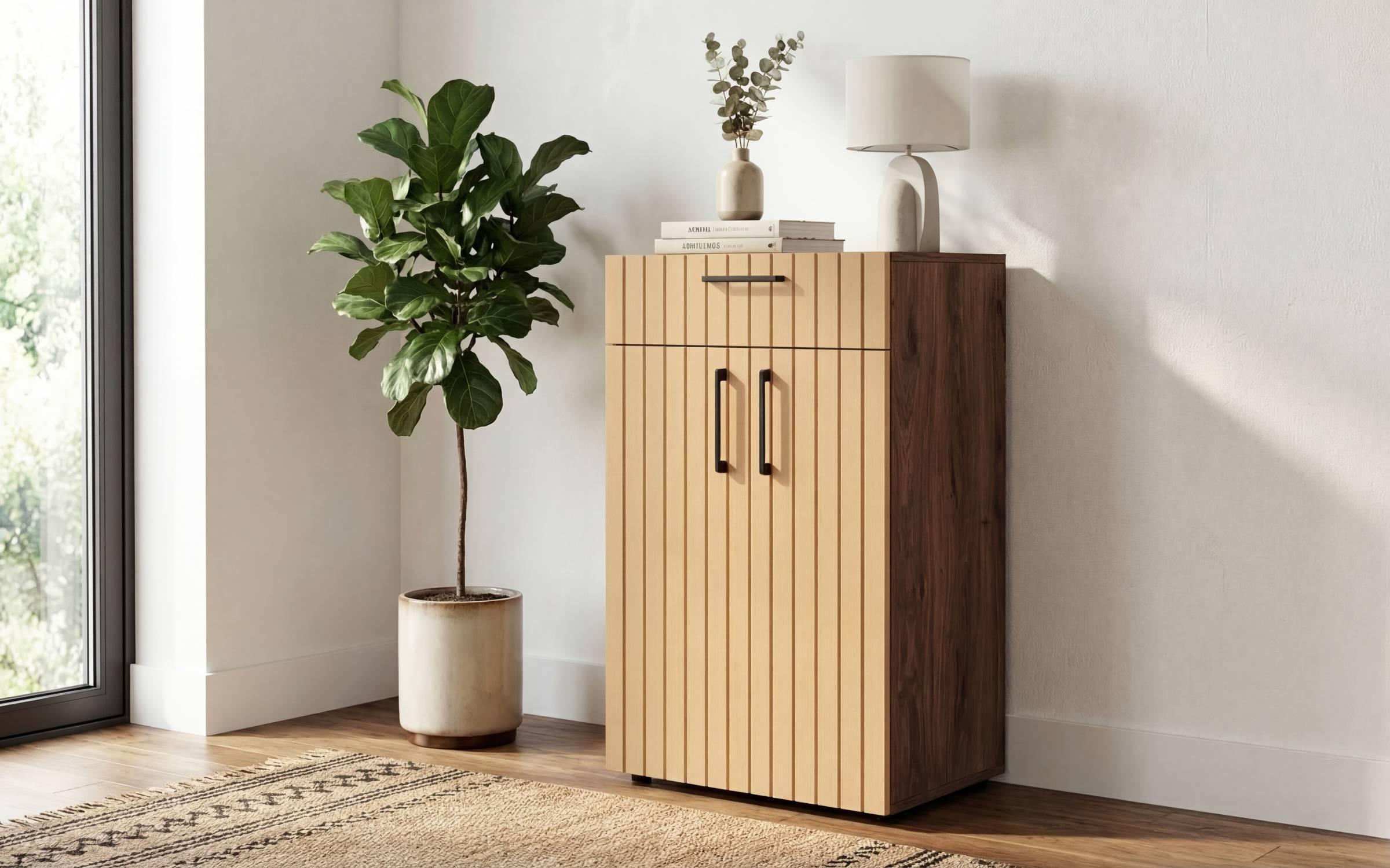 Comoda Senso, stejar scandinav inchis + satin galben  1